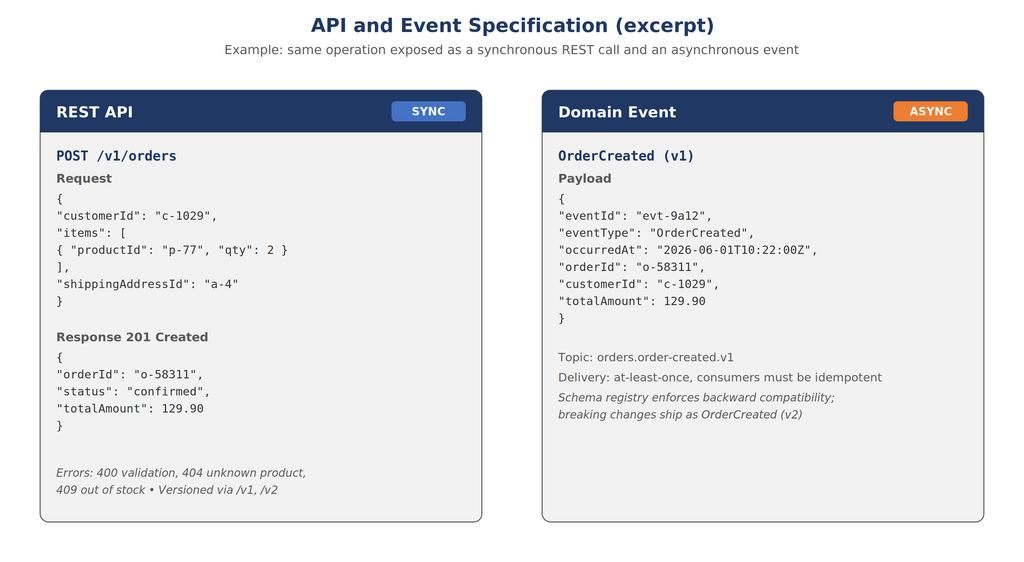 Beispiel: das Anlegen einer Bestellung, bereitgestellt als REST-Endpunkt und veröffentlicht als Domain-Event.
Example: creating an order, provided as a REST endpoint and published as a domain event.