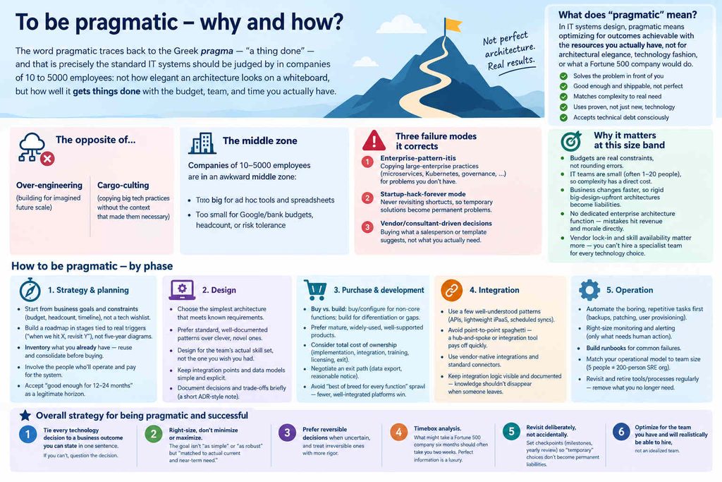 In IT systems design, pragmatic means optimizing for outcomes achievable with the resources you actually have, not for architectural elegance, technology fashion, or what a Fortune 500 company would do.